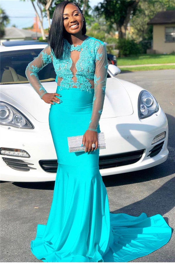 Long Sleeve Lace Appliqué Prom Dress | Sheer Tulle Sheath Graduation Dress