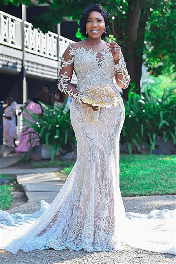 Long Sleeve Lace Appliques Mermaid Wedding Dress in Plus Size