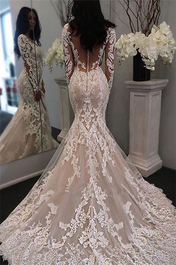 Long Sleeve Lace Mermaid Bridal Gown | Gorgeous Retro Sheer Tulle Wedding Dress