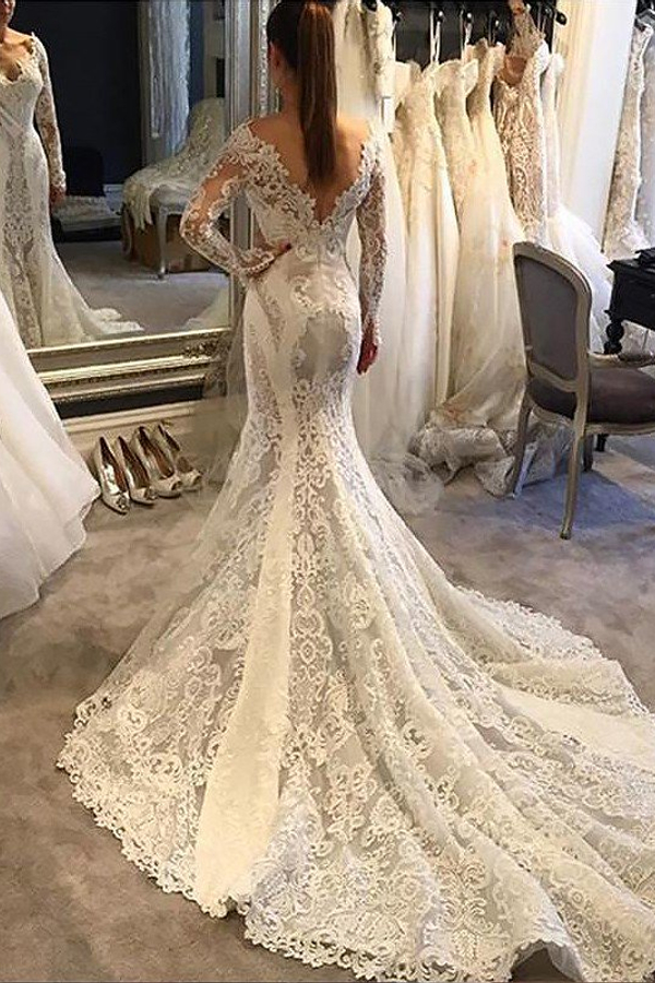 Long Sleeve Lace Mermaid Court Train V-Neck Wedding Dress