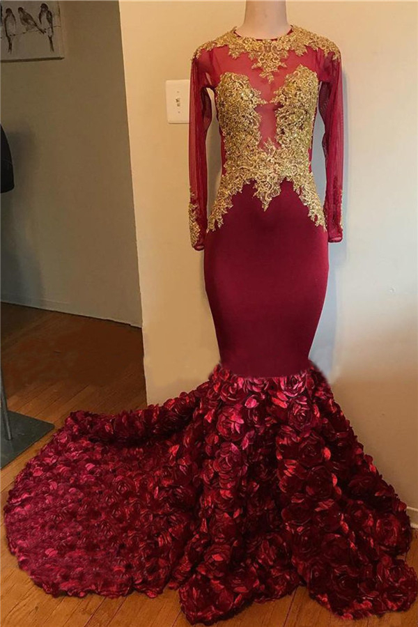 Gold Lace Appliqués Floral Prom Dress | Long Sleeve Mermaid Burgundy Graduation Dress