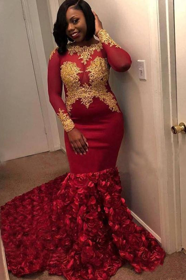 Gold Lace Appliqués Floral Prom Dress | Long Sleeve Mermaid Burgundy Graduation Dress