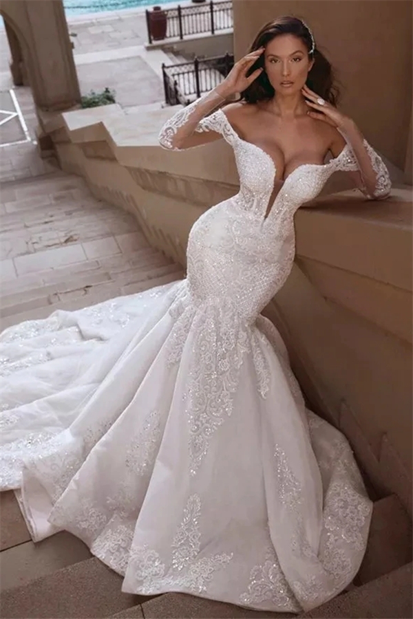 Long Sleeve Mermaid Long Train White Wedding Dress Tulle Bridal Gown