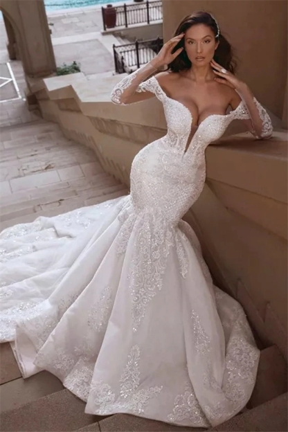Long Sleeve Mermaid Long Train White Wedding Dress Tulle Bridal Gown