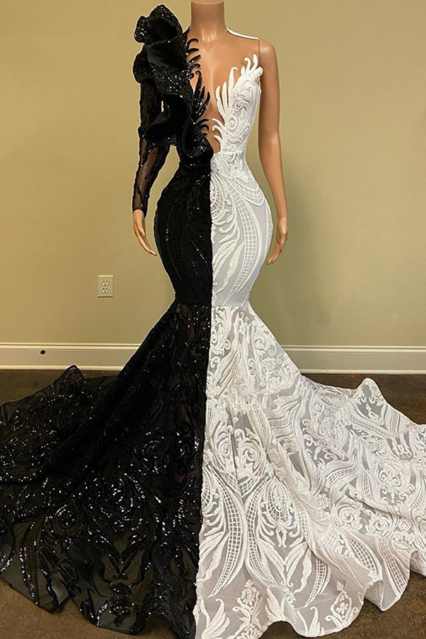 Unique Black White V-Neck One-Shoulder Long Sleeve Mermaid Prom Dress