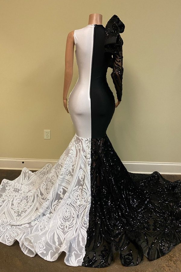 Unique Black White V-Neck One-Shoulder Long Sleeve Mermaid Prom Dress
