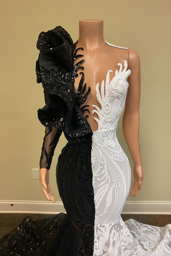 Unique Black White V-Neck One-Shoulder Long Sleeve Mermaid Prom Dress