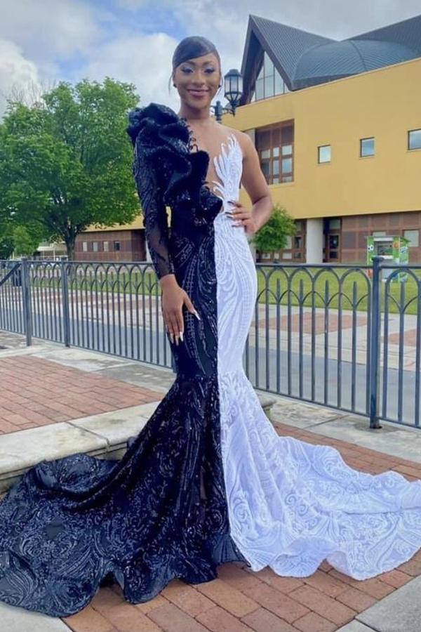 Unique Black White V-Neck One-Shoulder Long Sleeve Mermaid Prom Dress