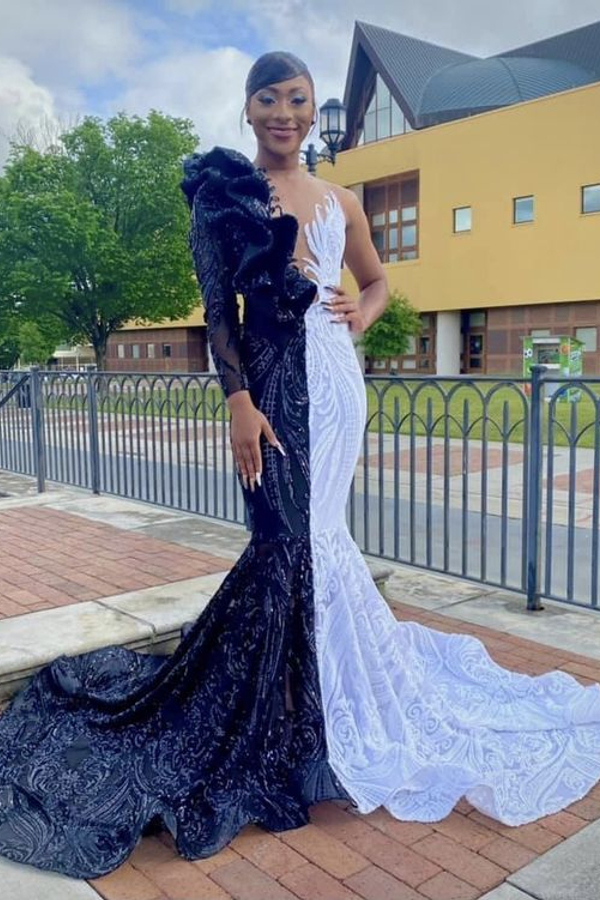 Unique Black White V-Neck One-Shoulder Long Sleeve Mermaid Prom Dress