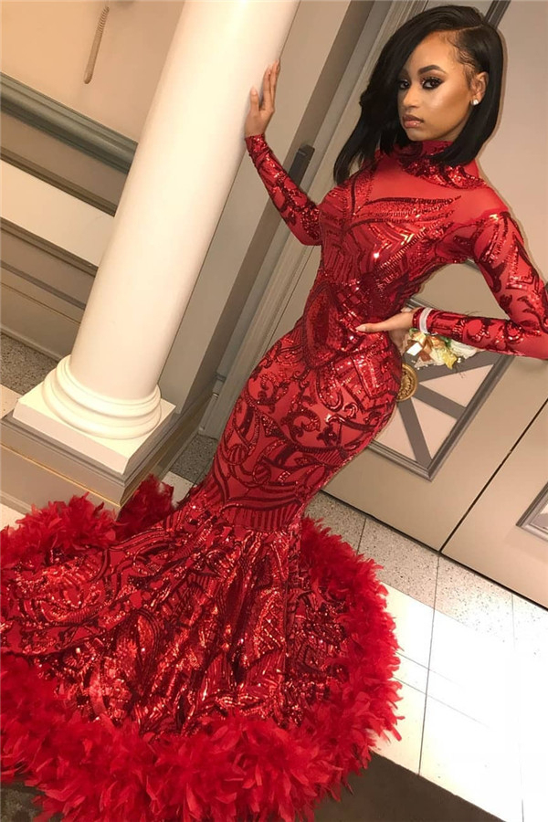 Long Sleeve Mermaid Red Prom Dress | Sequins Appliqués Feather Evening Dress