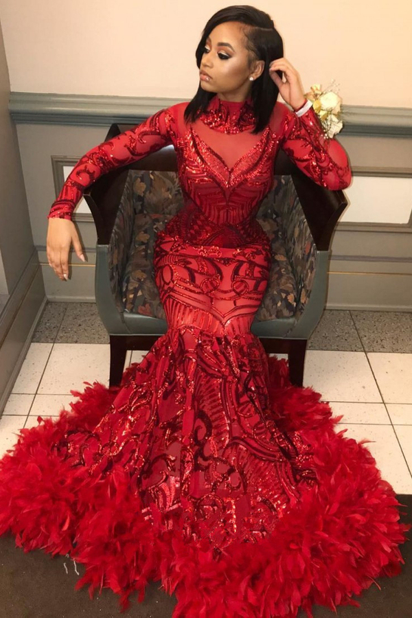 Long Sleeve Mermaid Red Prom Dress | Sequins Appliqués Feather Evening Dress