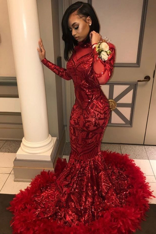Long Sleeve Mermaid Red Prom Dress | Sequins Appliqués Feather Evening Dress