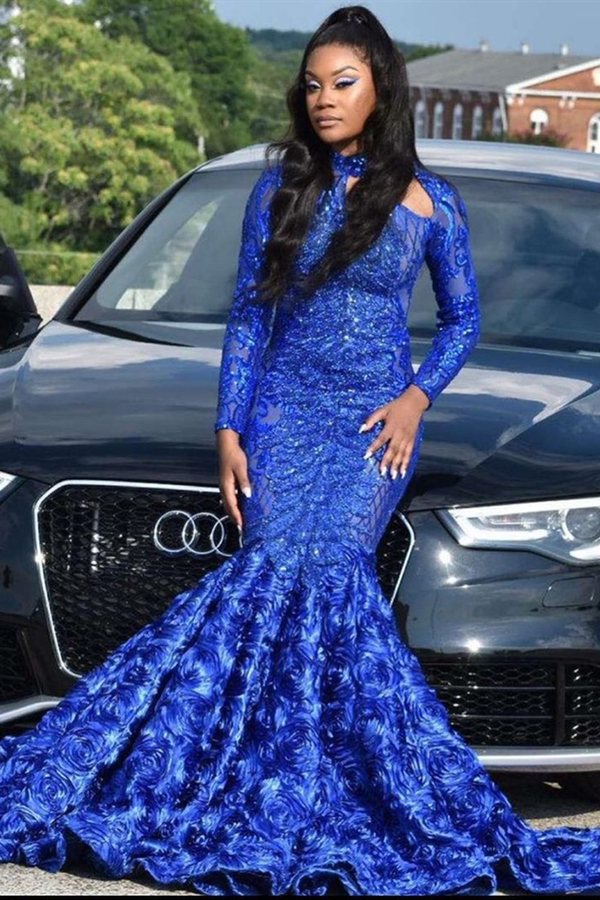Long Sleeve Prom Dress 3D Floral Print Mermaid Evening Dress