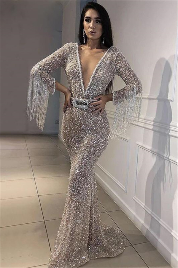 Deep V-Neck Mermaid Evening Dress | Long Sleeve Sequins Crystal Prom Dress with Tassels