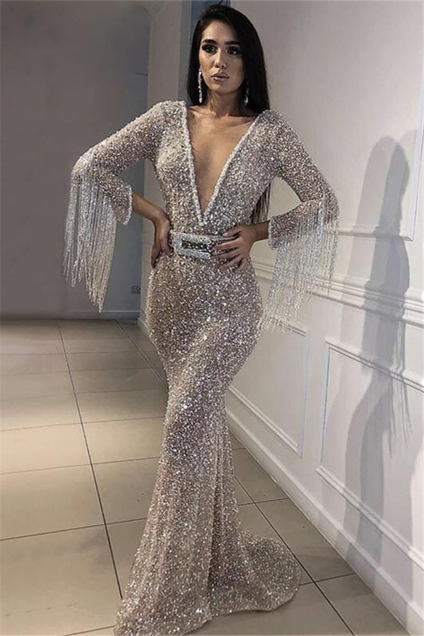 Deep V-Neck Mermaid Evening Dress | Long Sleeve Sequins Crystal Prom Dress with Tassels