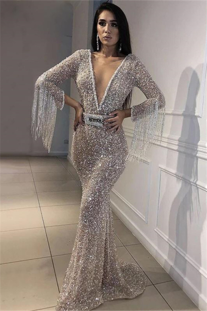 Deep V-Neck Mermaid Evening Dress | Long Sleeve Sequins Crystal Prom Dress with Tassels