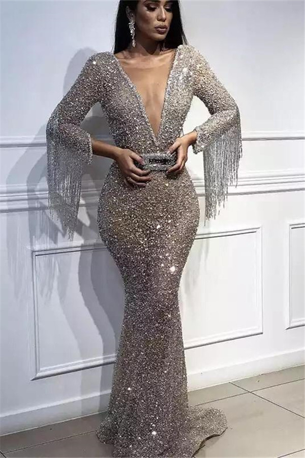 Deep V-Neck Mermaid Evening Dress | Long Sleeve Sequins Crystal Prom Dress with Tassels