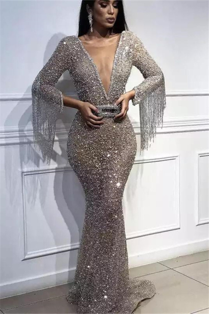 Deep V-Neck Mermaid Evening Dress | Long Sleeve Sequins Crystal Prom Dress with Tassels