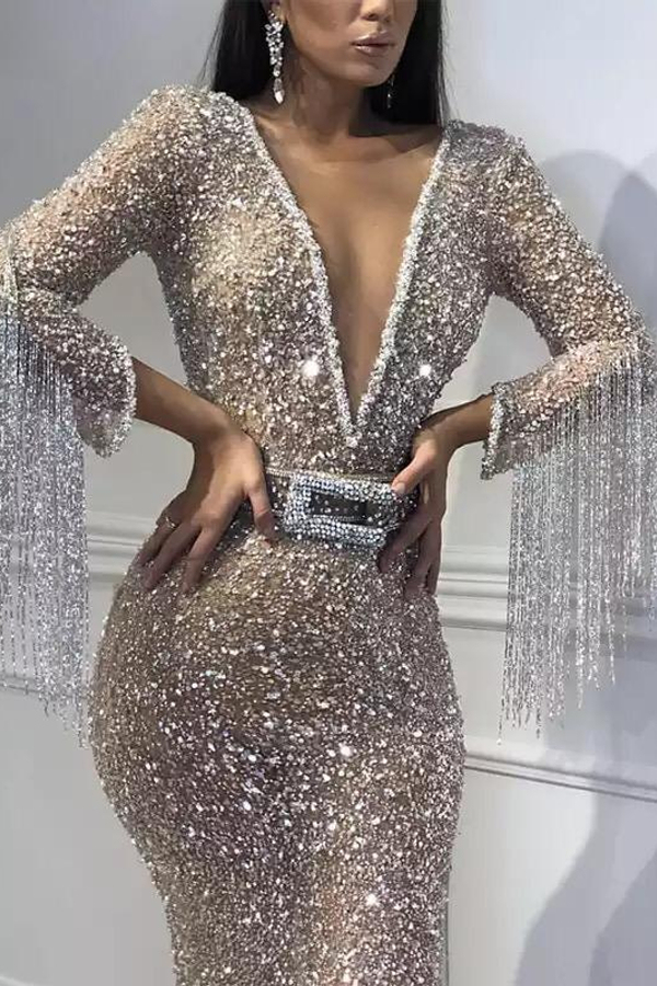 Deep V-Neck Mermaid Evening Dress | Long Sleeve Sequins Crystal Prom Dress with Tassels