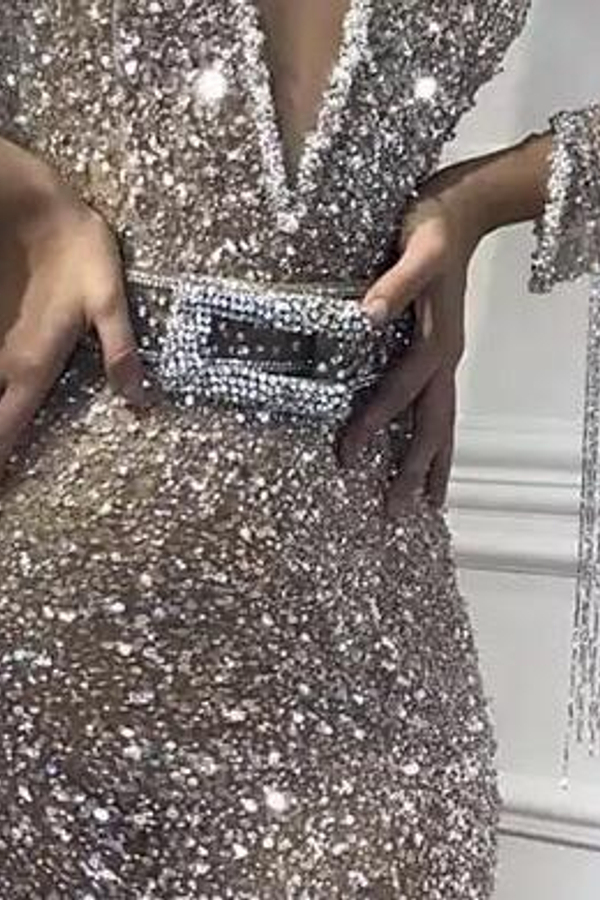 Deep V-Neck Mermaid Evening Dress | Long Sleeve Sequins Crystal Prom Dress with Tassels