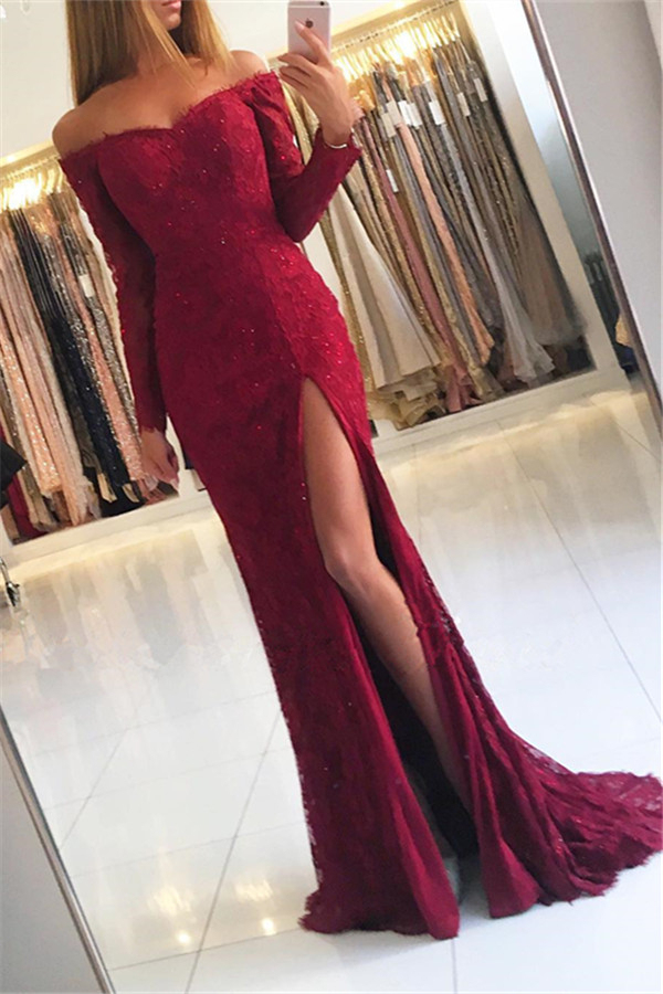 Long Sleeve Sheath Lace Evening Dress | Side Slit Off Shoulder Prom Dress