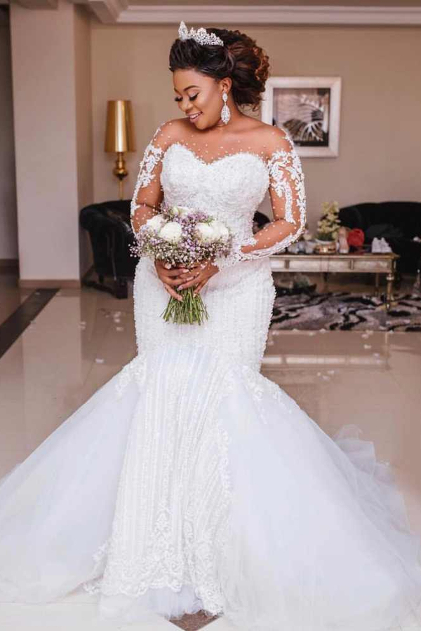 Long Sleeve Sheer Tulle Mermaid Lace Applique Wedding Dress