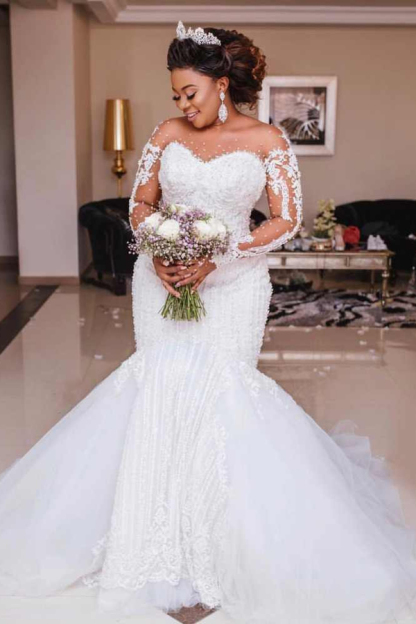 Long Sleeve Sheer Tulle Mermaid Lace Applique Wedding Dress