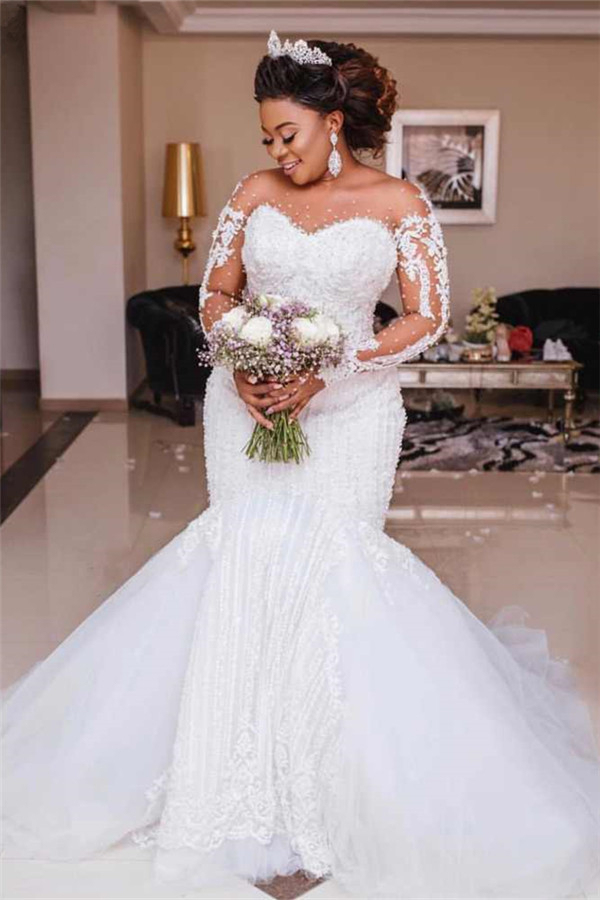 Long Sleeve Sheer Tulle Mermaid Lace Applique Wedding Dress