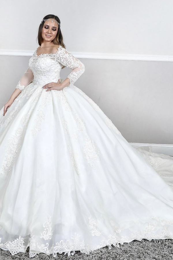 Long Sleeve Square Neck Puffy Ball Gown with Court Train