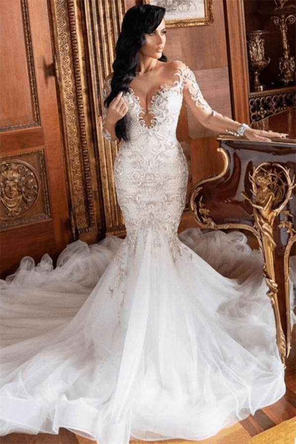 Long Sleeve V-Neck Mermaid Court Train Summer Wedding Dress
