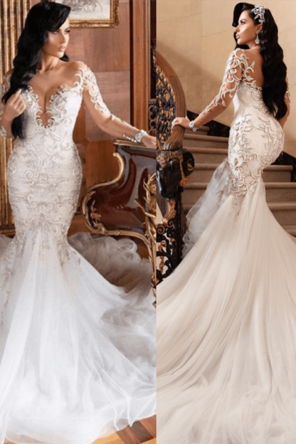 Long Sleeve V-Neck Mermaid Court Train Summer Wedding Dress