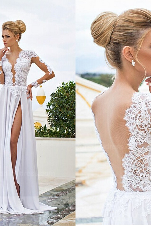 Long Sleeve V-Neck Wedding Dress | A-Line Split-Front Open Back Bridal Gown