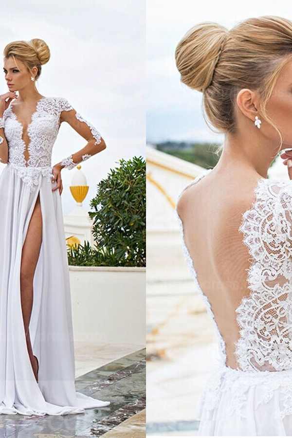 Long Sleeve V-Neck Wedding Dress | A-Line Split-Front Open Back Bridal Gown