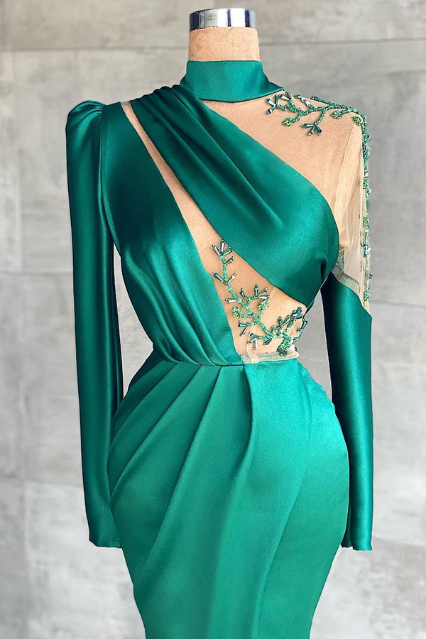 Long Sleeveless Satin Mermaid Evening Dress | Side Split Floral Lace Appliqués