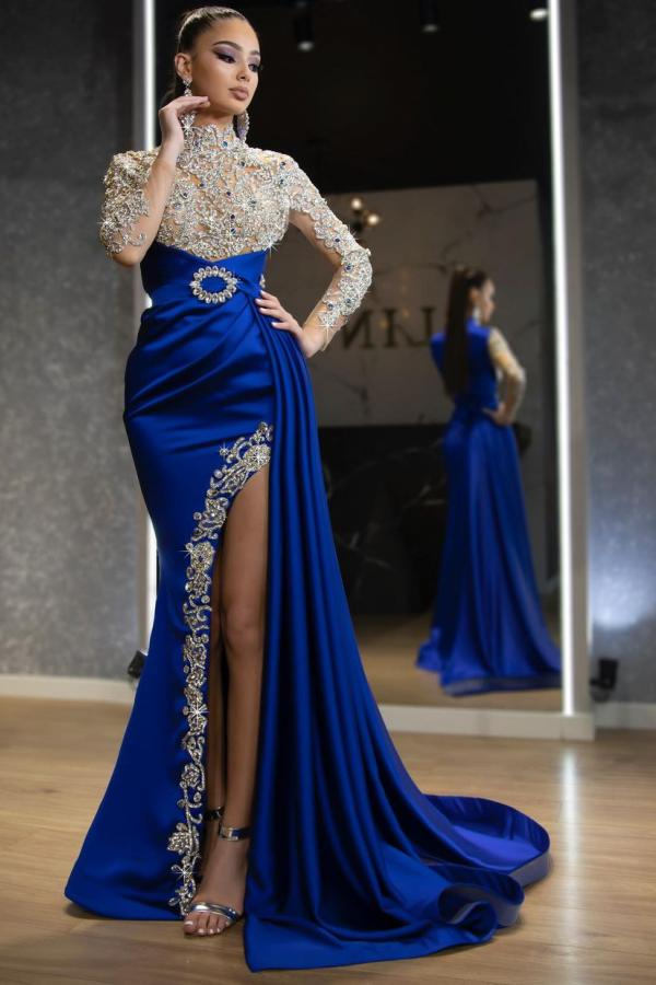 Luxurious Backless Royal Blue Satin Mermaid Evening Dress | Long Sleeves Crystal Gold Applique Party Dress