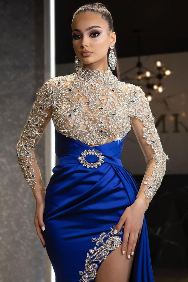 Luxurious Backless Royal Blue Satin Mermaid Evening Dress | Long Sleeves Crystal Gold Applique Party Dress