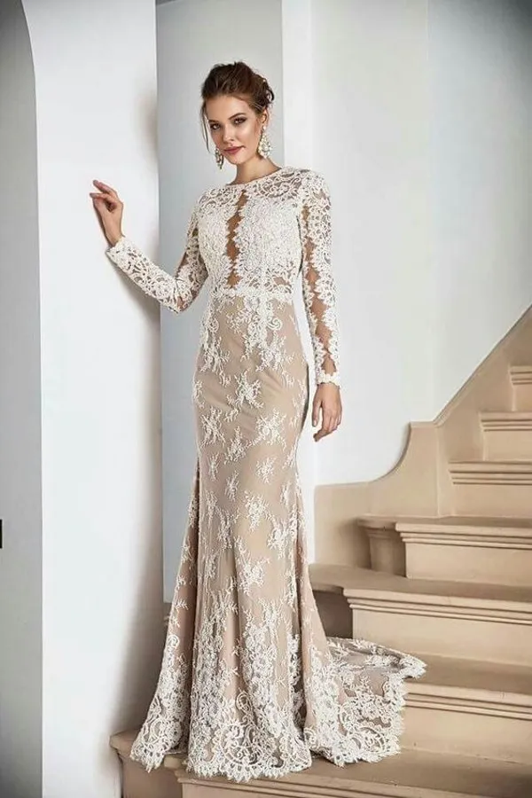 Boho White Lace Appliques Mermaid Wedding Dresses | Long Sleeves Floor Length Bridal Dress