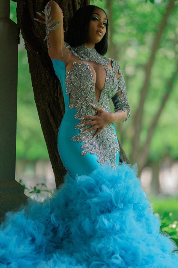 Slim Mermaid Evening Gown | Long Sleeves Glitter Puffy Evening Wear Dress