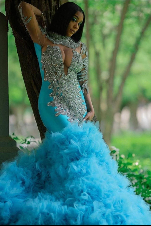 Slim Mermaid Evening Gown | Long Sleeves Glitter Puffy Evening Wear Dress