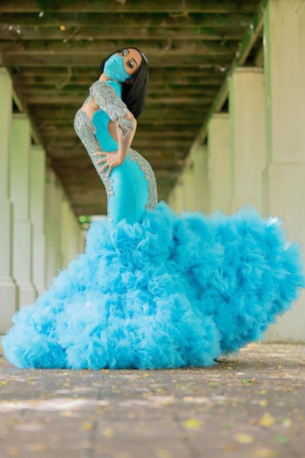 Slim Mermaid Evening Gown | Long Sleeves Glitter Puffy Evening Wear Dress