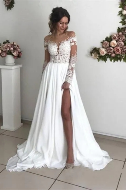 Chicloth Long Sleeves Lace Beach Wedding Dress With Split Chiffon Bridal Gowns