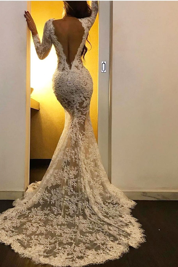 Long Sleeves Mermaid Evening Dress | White Floral Lace Side Slit Prom Dress