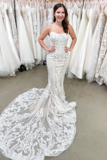 Long Spaghetti Strap Backless Appliqué Lace Mermaid Wedding Dress