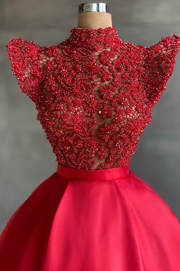 Luxurious Cap Sleeves Red 3D Floral A-Line Evening Maxi Gown