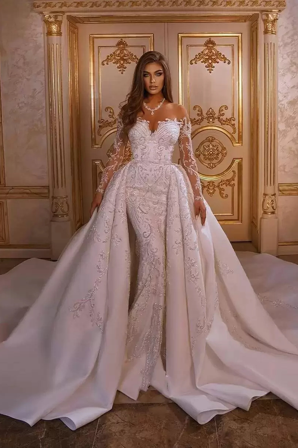 Luxurious Mermaid Wedding Dress with Glitter Crystals Floral Appliques Long Sleeves Bridal Gown with Sweep Train