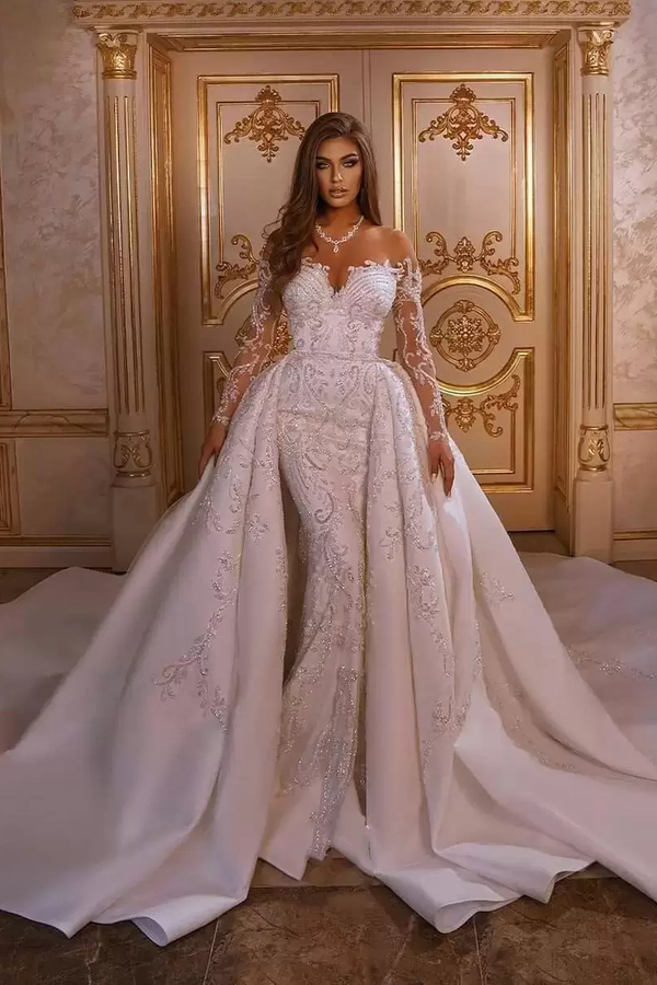 Luxurious Mermaid Wedding Dress with Glitter Crystals Floral Appliques Long Sleeves Bridal Gown with Sweep Train