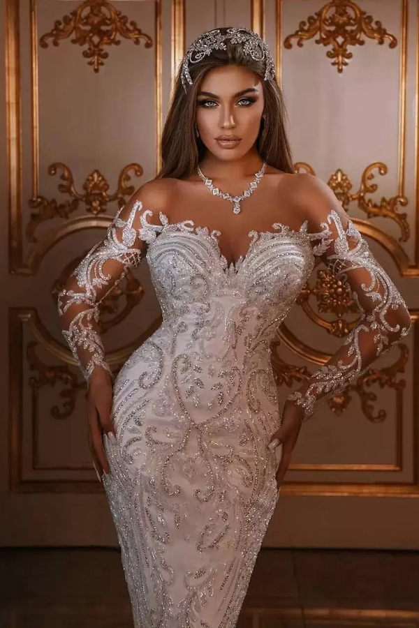 Luxurious Mermaid Wedding Dress with Glitter Crystals Floral Appliques Long Sleeves Bridal Gown with Sweep Train