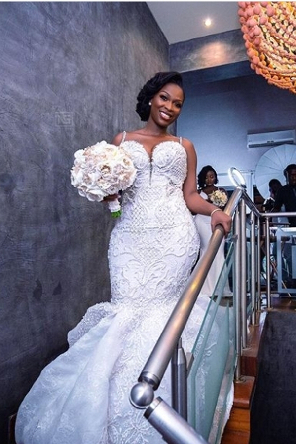 Luxury Beaded Lace Mermaid Sweetheart Wedding Dress with Spaghetti Straps
