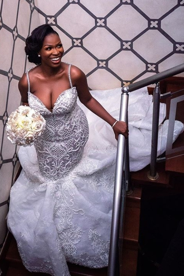 Luxury Beaded Lace Mermaid Sweetheart Wedding Dress with Spaghetti Straps