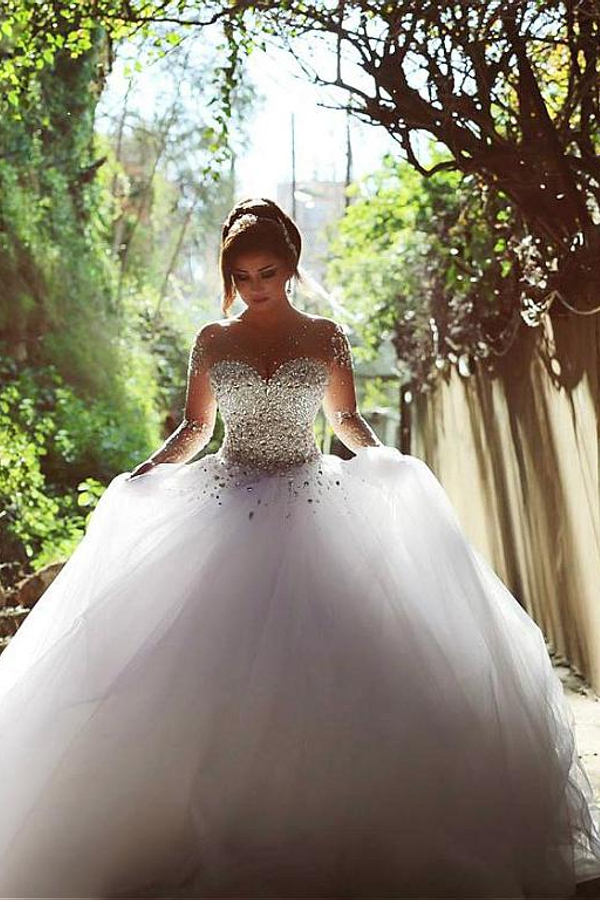 Luxury Crystal Beaded Long Sleeve Ball Gown Wedding Dress
